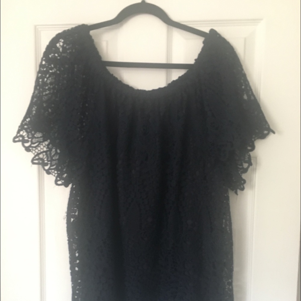 Navy blue lace short sleeve off shoulder top